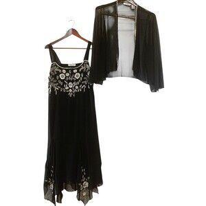 Roman's Beaded 2PC Sheer Black Evening Maxi Dress & Jacket 18W Elegant Formal